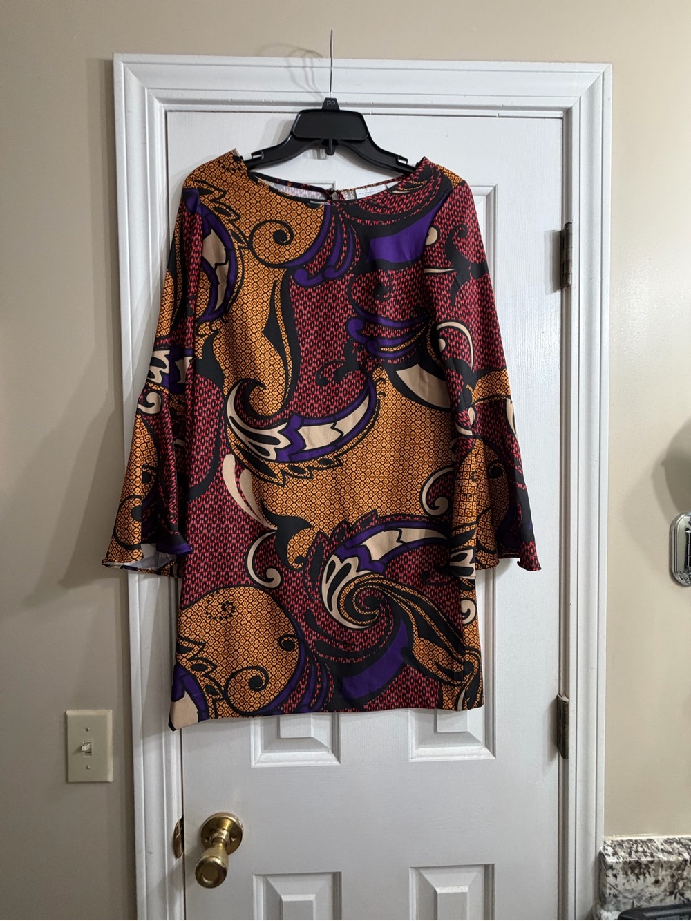 New York & Company Long-Sleeve Printed Shift Dress in Mustard and Purple